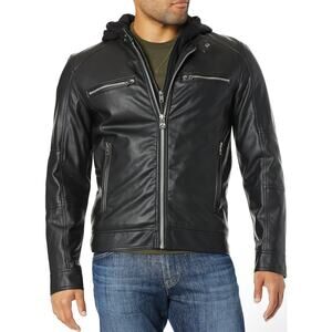 Guess Black Faux Leather Hooded Jacket